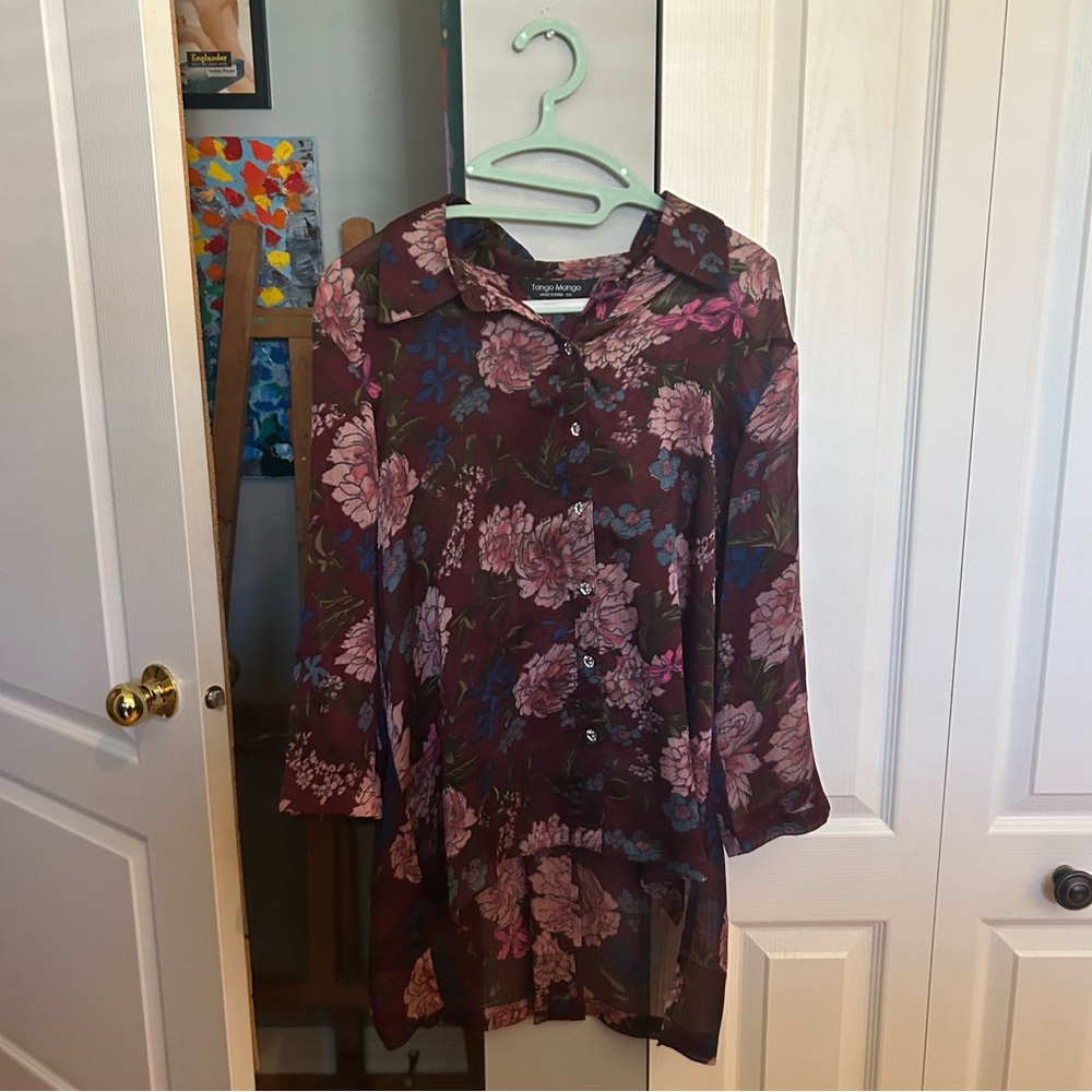 Burgundy Floral Button-Up Blouse
